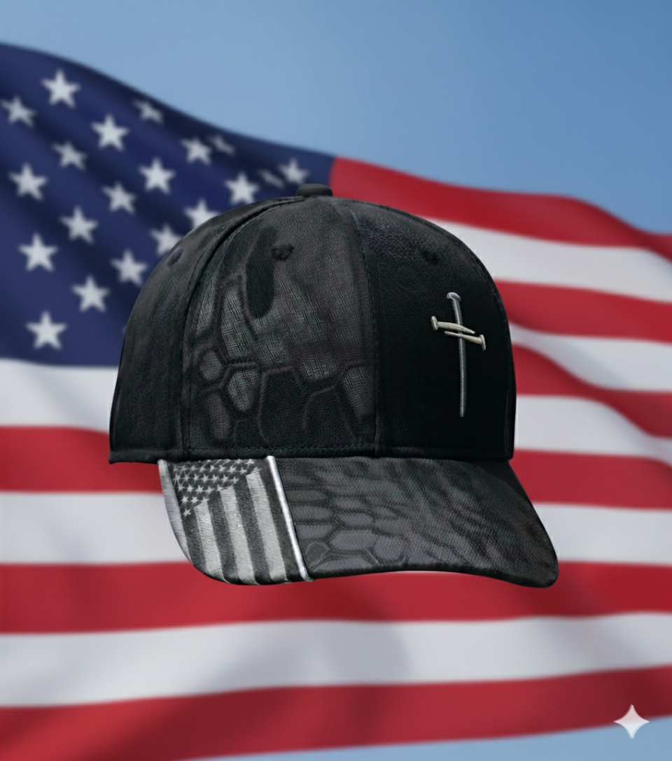 Kryptic Camo American Flag Black 3 Cross Logo-Baseball Cap